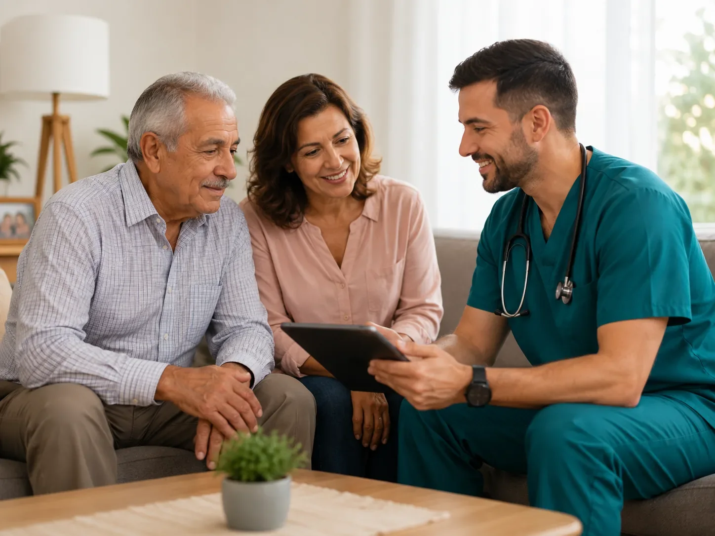 Profesional de salud conversando con una pareja sobre cobertura y cuidados en el hogar